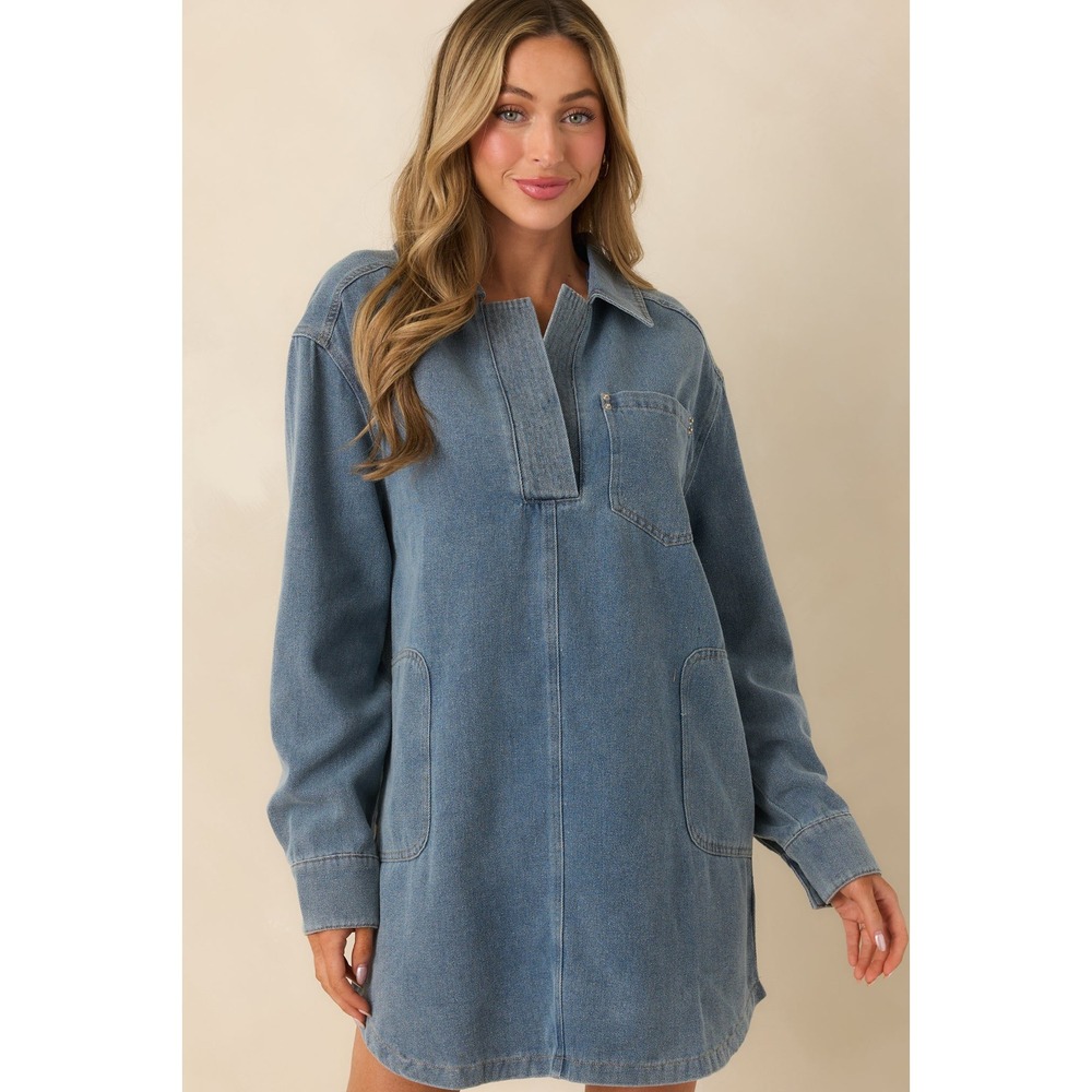 Newin Collared Denim Mini Dress Women Small Blue Long Sleeve Pocket Shift